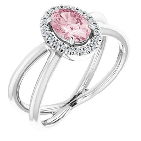 14K Gold Oval Natural Pink Morganite & Natural Diamond Halo-Style Ring II - White Gold