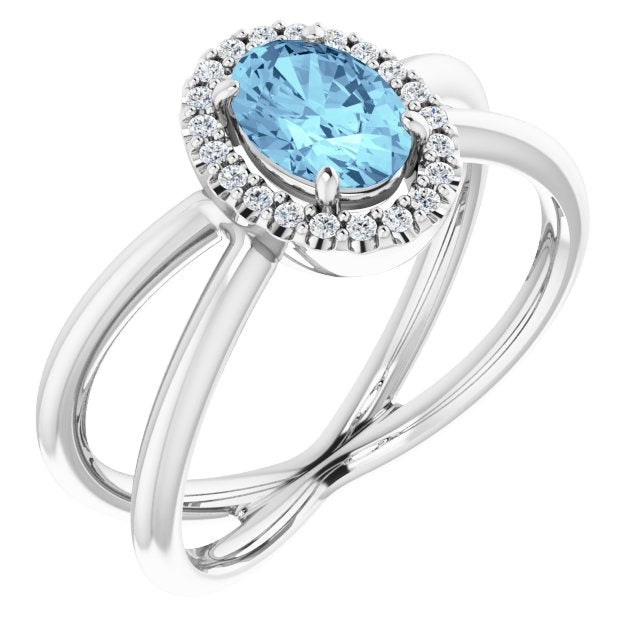14K Gold Oval Natural Aquamarine & Natural Diamond Halo-Style Ring – 8x6mm - White Gold