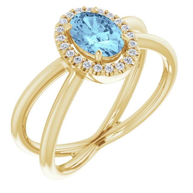 14K Gold Oval Natural Aquamarine & Natural Diamond Halo-Style Ring – 8x6mm - Yellow Gold