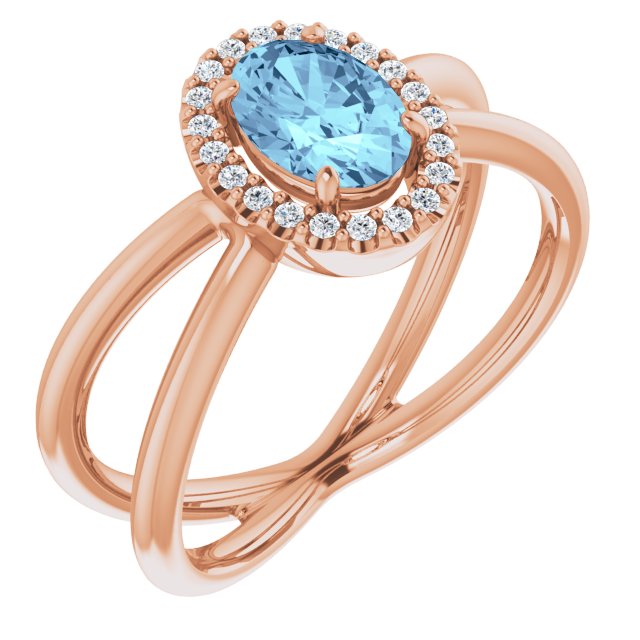 14K Gold Oval Natural Aquamarine & Natural Diamond Halo-Style Ring – 8x6mm - Rose Gold