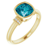 14K Gold Cushion Natural Checkerboard London Blue Topaz & Natural Diamond Bezel-Set Accented Ring - Yellow Gold