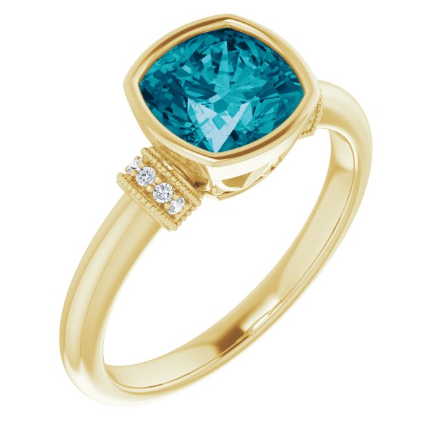 14K Gold Cushion Natural Checkerboard London Blue Topaz & Natural Diamond Bezel-Set Accented Ring - Yellow Gold