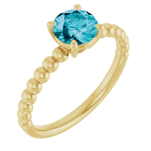 14K Gold Round Natural London Blue Topaz Beaded Solitaire Ring - Yellow Gold