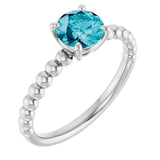 14K Gold Round Natural London Blue Topaz Beaded Solitaire Ring - White Gold