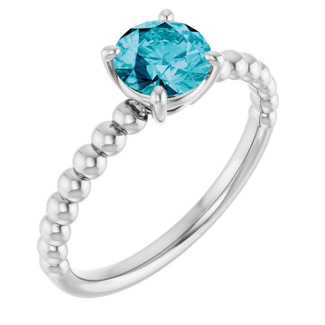 14K Gold Round Natural London Blue Topaz Beaded Solitaire Ring - White Gold