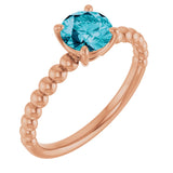 14K Gold Round Natural London Blue Topaz Beaded Solitaire Ring - Rose Gold