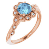 14K Gold Round Natural Aquamarine & Natural Diamond Halo-Style Ring - Rose Gold