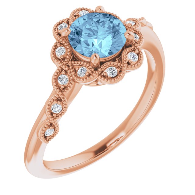 14K Gold Round Natural Aquamarine & Natural Diamond Halo-Style Ring - Rose Gold