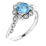 Platinum Round Natural Aquamarine & Natural Diamond Halo-Style Ring