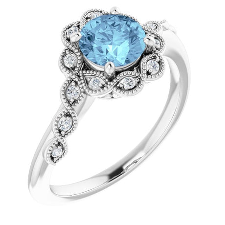 Platinum Round Natural Aquamarine & Natural Diamond Halo-Style Ring