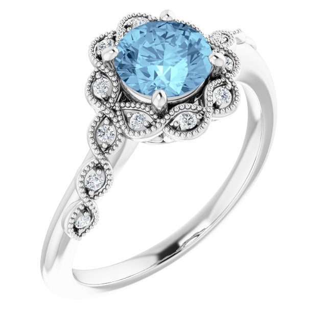 Platinum Round Natural Aquamarine & Natural Diamond Halo-Style Ring