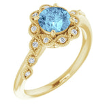 14K Gold Round Natural Aquamarine & Natural Diamond Halo-Style Ring - Yellow Gold