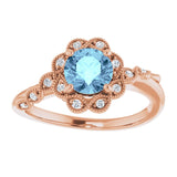 14K Gold Round Natural Aquamarine & Natural Diamond Halo-Style Ring - Rose Gold - view 3