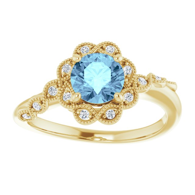 14K Gold Round Natural Aquamarine & Natural Diamond Halo-Style Ring - Yellow Gold - view 3
