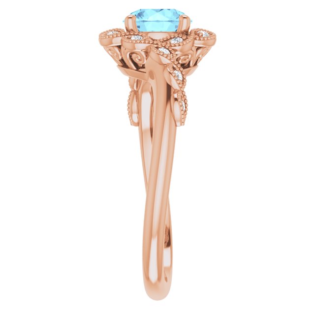 14K Gold Round Natural Aquamarine & Natural Diamond Halo-Style Ring - Rose Gold - view 4