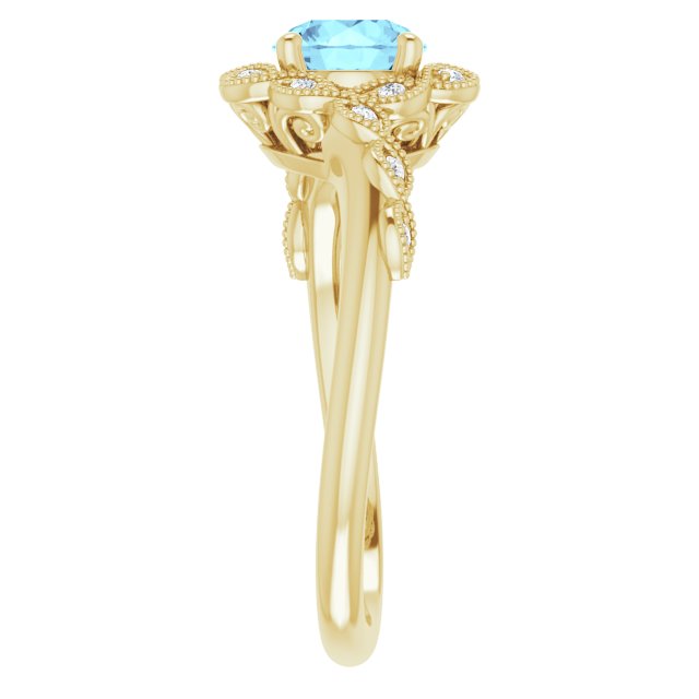 14K Gold Round Natural Aquamarine & Natural Diamond Halo-Style Ring - Yellow Gold - view 4