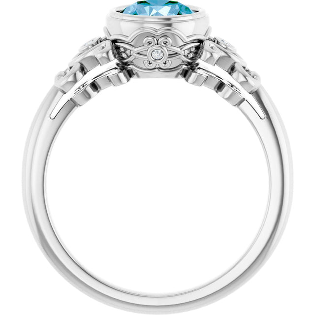 14K Gold Round Natural Swiss Blue Topaz & Natural Diamond Bezel-Set Accented Sculptural Ring - view 2