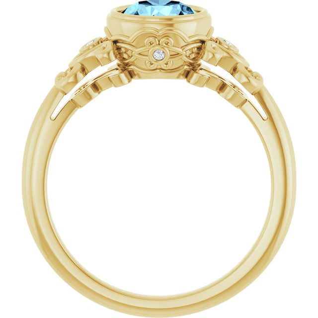 14K Gold Round Natural Aquamarine & Natural Diamond Bezel-Set Accented Sculptural Ring - Yellow Gold - view 2
