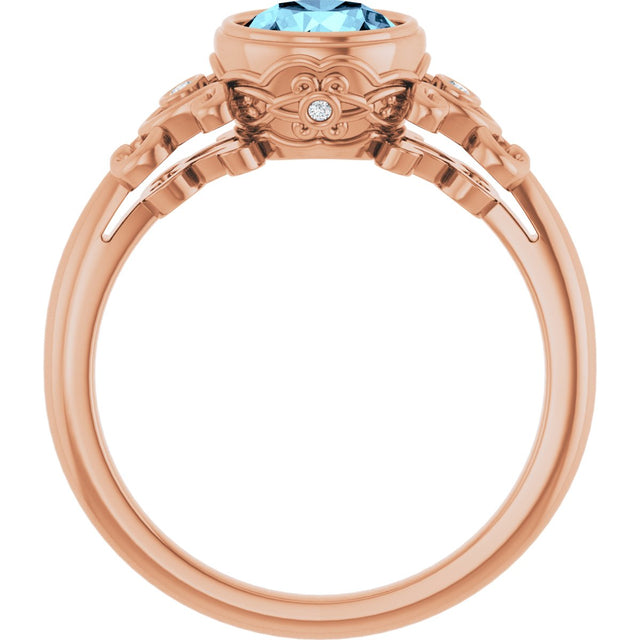 14K Gold Round Natural Aquamarine & Natural Diamond Bezel-Set Accented Sculptural Ring - Rose Gold - view 2