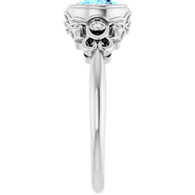 14K Gold Round Natural Aquamarine & Natural Diamond Bezel-Set Accented Sculptural Ring - White Gold - view 4
