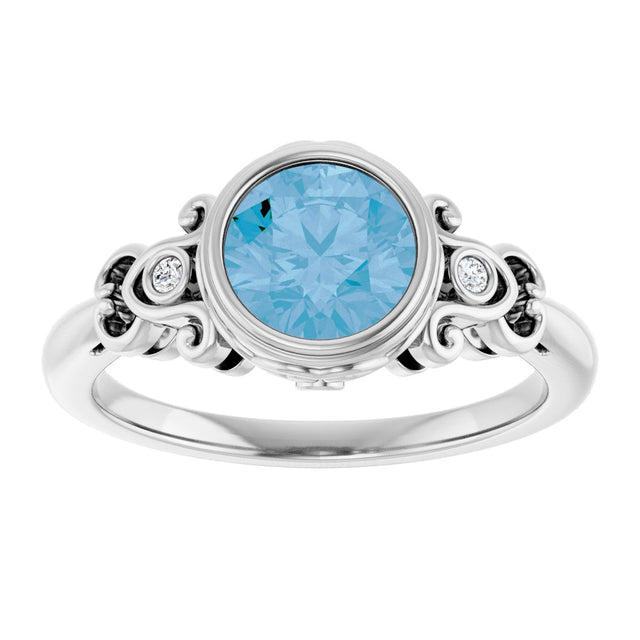 14K Gold Round Natural Swiss Blue Topaz & Natural Diamond Bezel-Set Accented Sculptural Ring - view 3