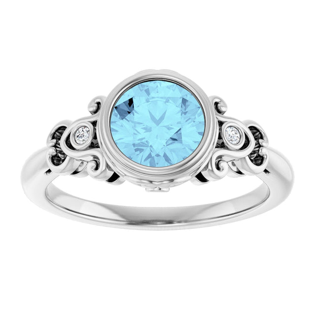 14K Gold Round Natural Aquamarine & Natural Diamond Bezel-Set Accented Sculptural Ring - White Gold - view 3