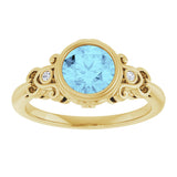 14K Gold Round Natural Aquamarine & Natural Diamond Bezel-Set Accented Sculptural Ring - Yellow Gold - view 3