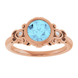 14K Gold Round Natural Aquamarine & Natural Diamond Bezel-Set Accented Sculptural Ring - Rose Gold - view 3