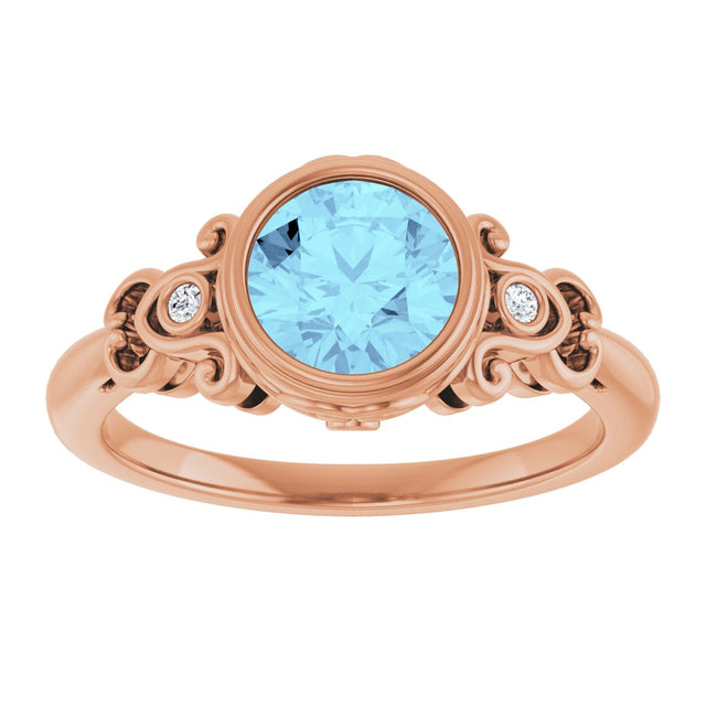 14K Gold Round Natural Aquamarine & Natural Diamond Bezel-Set Accented Sculptural Ring - Rose Gold - view 3