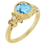 14K Gold Round Natural Aquamarine & Natural Diamond Bezel-Set Accented Sculptural Ring - Yellow Gold