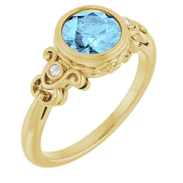 14K Gold Round Natural Aquamarine & Natural Diamond Bezel-Set Accented Sculptural Ring - Yellow Gold