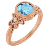 14K Gold Round Natural Aquamarine & Natural Diamond Bezel-Set Accented Sculptural Ring - Rose Gold