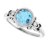 14K Gold Round Natural Aquamarine & Natural Diamond Bezel-Set Accented Sculptural Ring - White Gold - view 5