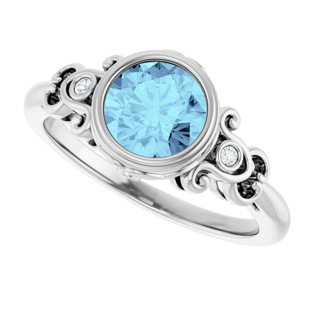 14K Gold Round Natural Aquamarine & Natural Diamond Bezel-Set Accented Sculptural Ring - White Gold - view 5