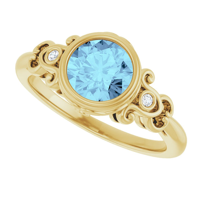 14K Gold Round Natural Aquamarine & Natural Diamond Bezel-Set Accented Sculptural Ring - Yellow Gold - view 5