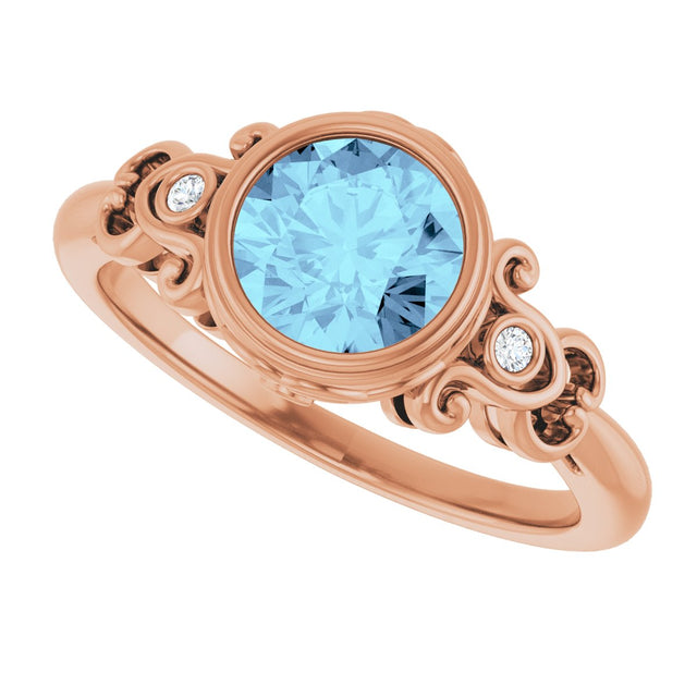 14K Gold Round Natural Aquamarine & Natural Diamond Bezel-Set Accented Sculptural Ring - Rose Gold - view 5
