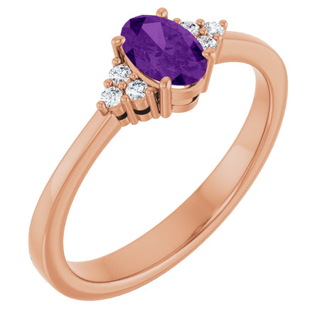 14K Gold Oval Natural Amethyst & Lab-Grown Diamond Accented Ring – 6x4mm - Rose Gold