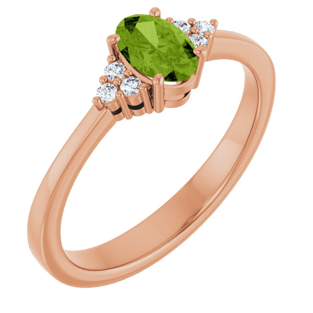 14K Gold Oval Natural Peridot & Lab-Grown Diamond Accented Ring – 6x4mm - Rose Gold