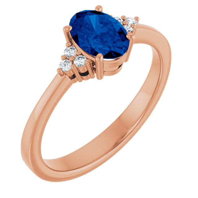 14K Gold Oval Lab-Grown Blue Sapphire & Lab-Grown Diamond Accented Ring – 6-8mm Stones - Rose Gold
