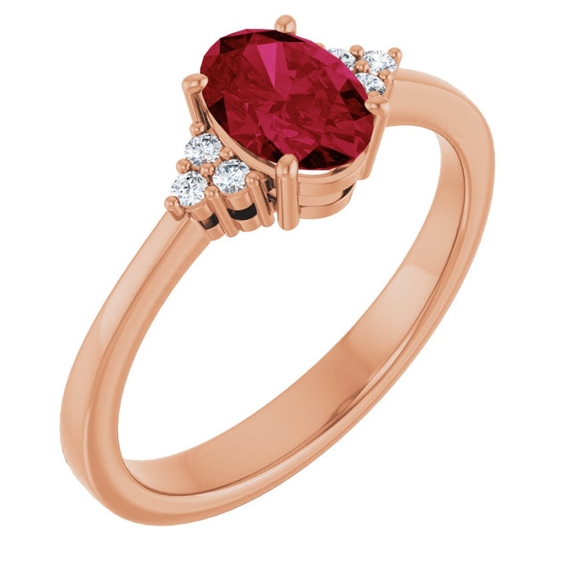 14K Gold Oval Lab-Grown Ruby & Lab-Grown Diamond Accented Ring – 6-8mm Stones - Rose Gold
