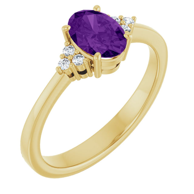 10K Gold Oval Natural Amethyst & Lab-Grown Diamond Accented Ring – 6x4mm - Yellow Gold