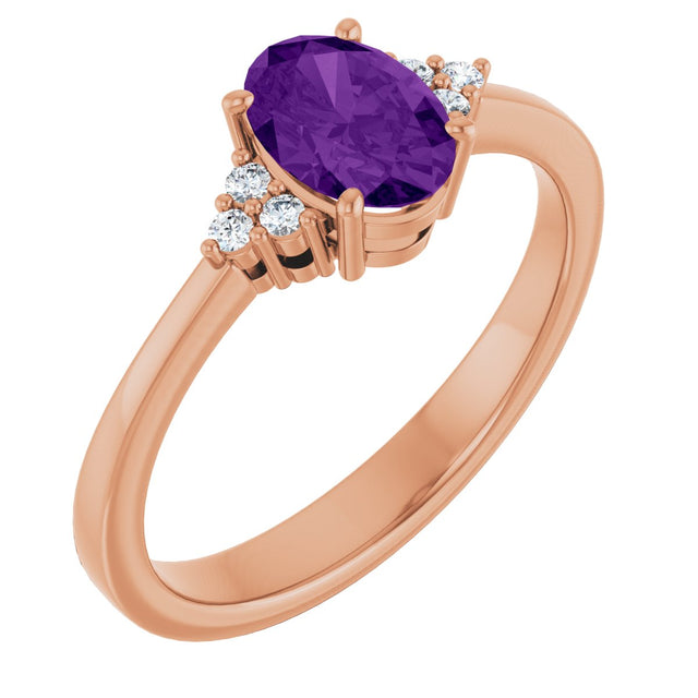 14K Gold Oval Natural Amethyst & Lab-Grown Diamond Accented Ring – 6x4mm - Rose Gold