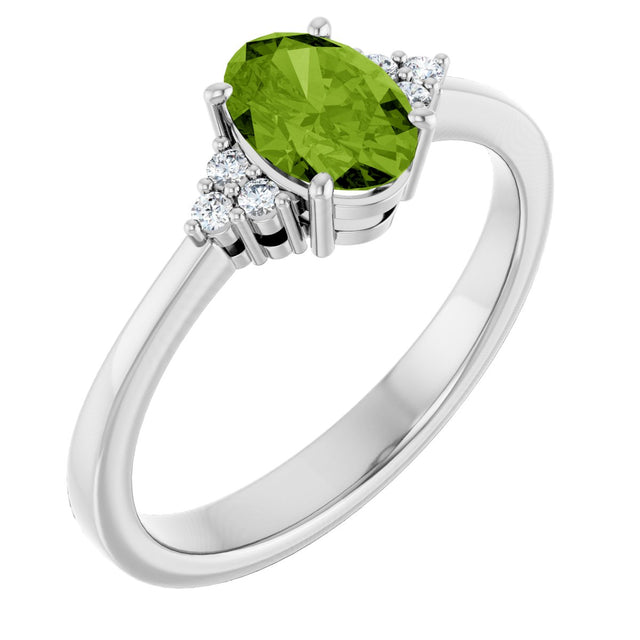 14K Gold Oval Natural Peridot & Lab-Grown Diamond Accented Ring – 6x4mm - White Gold