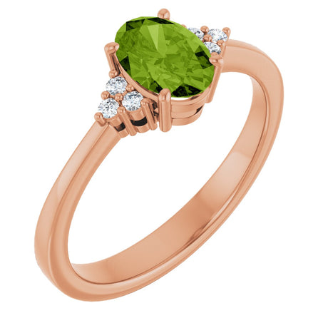 14K Gold Oval Natural Peridot & Lab-Grown Diamond Accented Ring – 6x4mm - Rose Gold