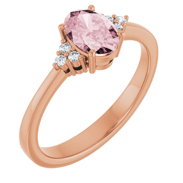 14K Gold Oval Natural Pink Morganite & Natural Diamond Accented Ring – 7mm Stones