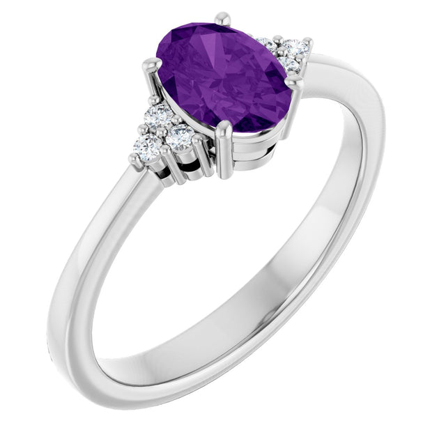 10K Gold Oval Natural Amethyst & Lab-Grown Diamond Accented Ring – 6x4mm - White Gold