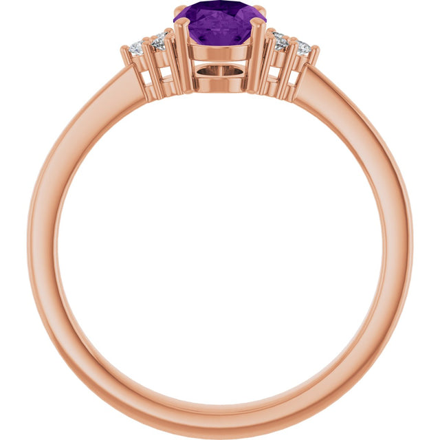 14K Gold Oval Natural Amethyst & Lab-Grown Diamond Accented Ring – 6x4mm - Rose Gold - view 2