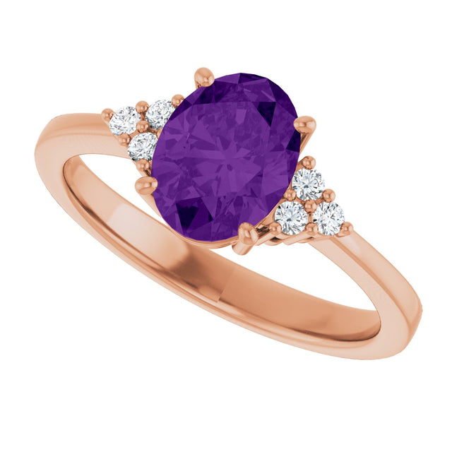 14K Gold Oval Natural Amethyst & Lab-Grown Diamond Accented Ring – 6x4mm - Rose Gold - view 5
