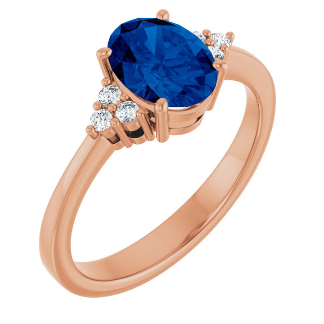 14K Gold Oval Lab-Grown Blue Sapphire & Lab-Grown Diamond Accented Ring – 6-8mm Stones - Rose Gold