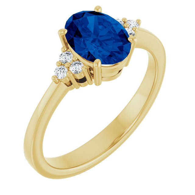 14K Gold Oval Lab-Grown Blue Sapphire & Lab-Grown Diamond Accented Ring – 6-8mm Stones - Yellow Gold